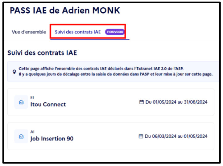 Capture d'écran de l'onglet de l'onglet "Suivi des contrats IAE" qui affiche la liste des contrats réalisés en SIAE pendant la durée du PASS IAE.

À noter : Cette fonctionnalité est actuellement en phase d’expérimentation. Pour certains PASS IAE, les données de contrat ne sont pas encore disponibles à l’affichage.