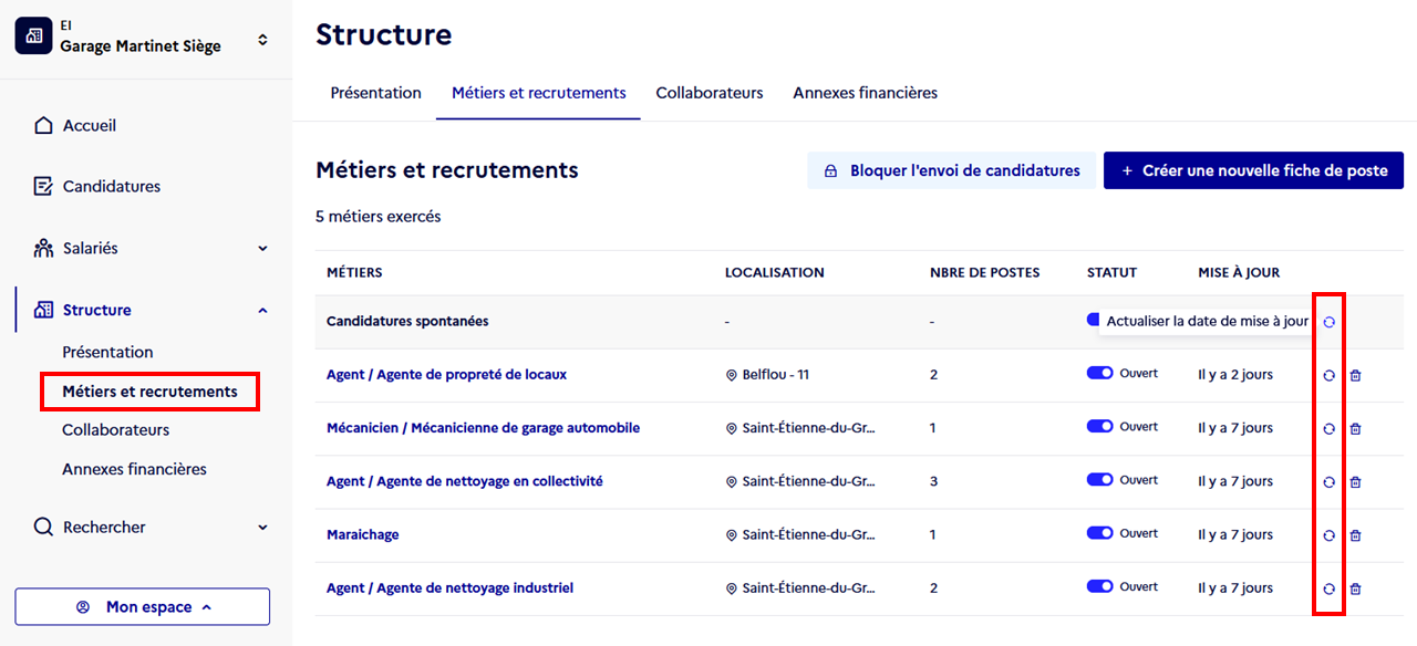 Capture d'écran de l'onget "Métiers et recrutement" de la page "Structure" qui met en évidence la le bouton "Mettre à jour" situé sur l'avant dernière colonne de droite de la liste des métiers.