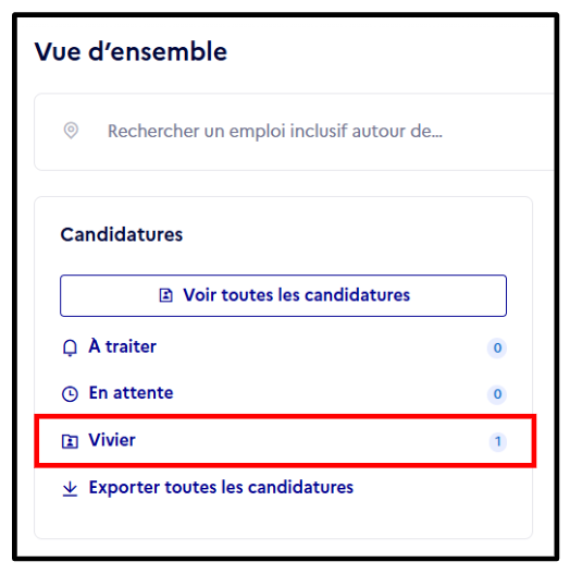 Capture d'écran de la page d'accueil de l'espace employeur : Le vivier de candidature est accessible depuis le bloc "Candidatures".