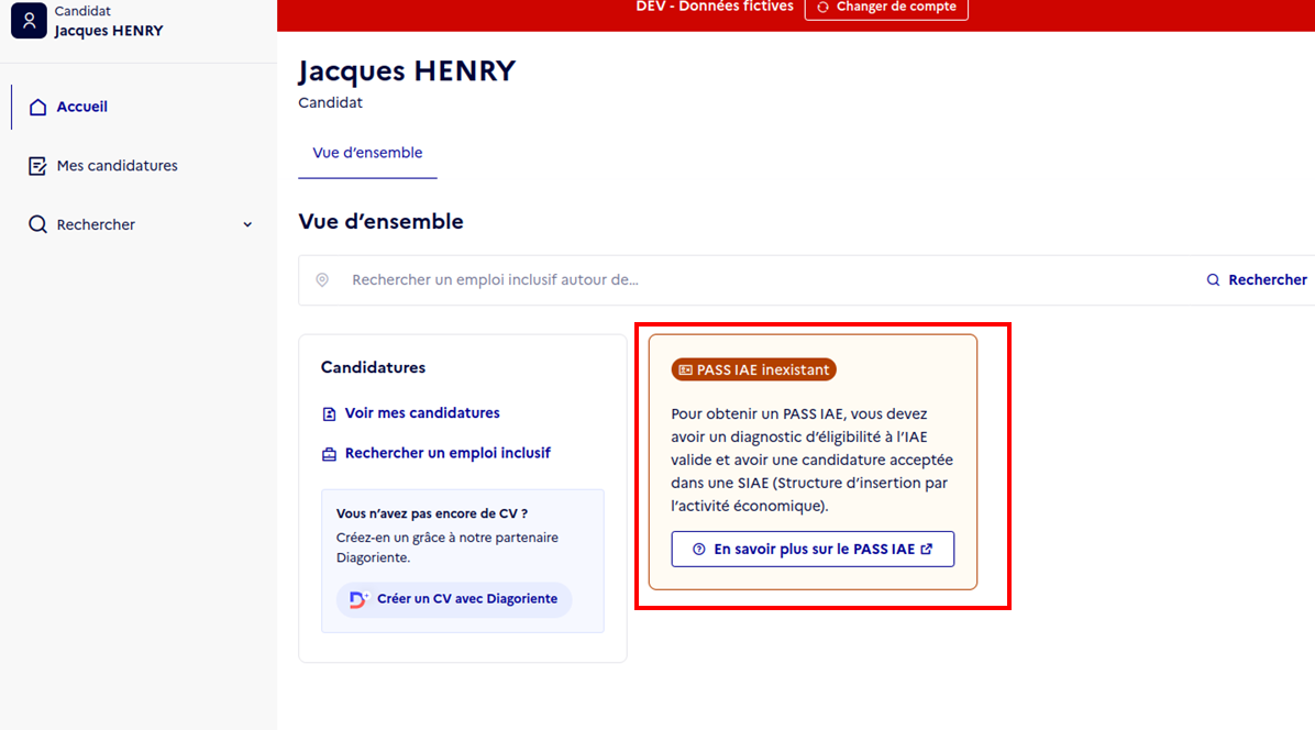 Capture d'écran de la page d'accueil mettant en valeur l'encart du PASS IAE inexistant