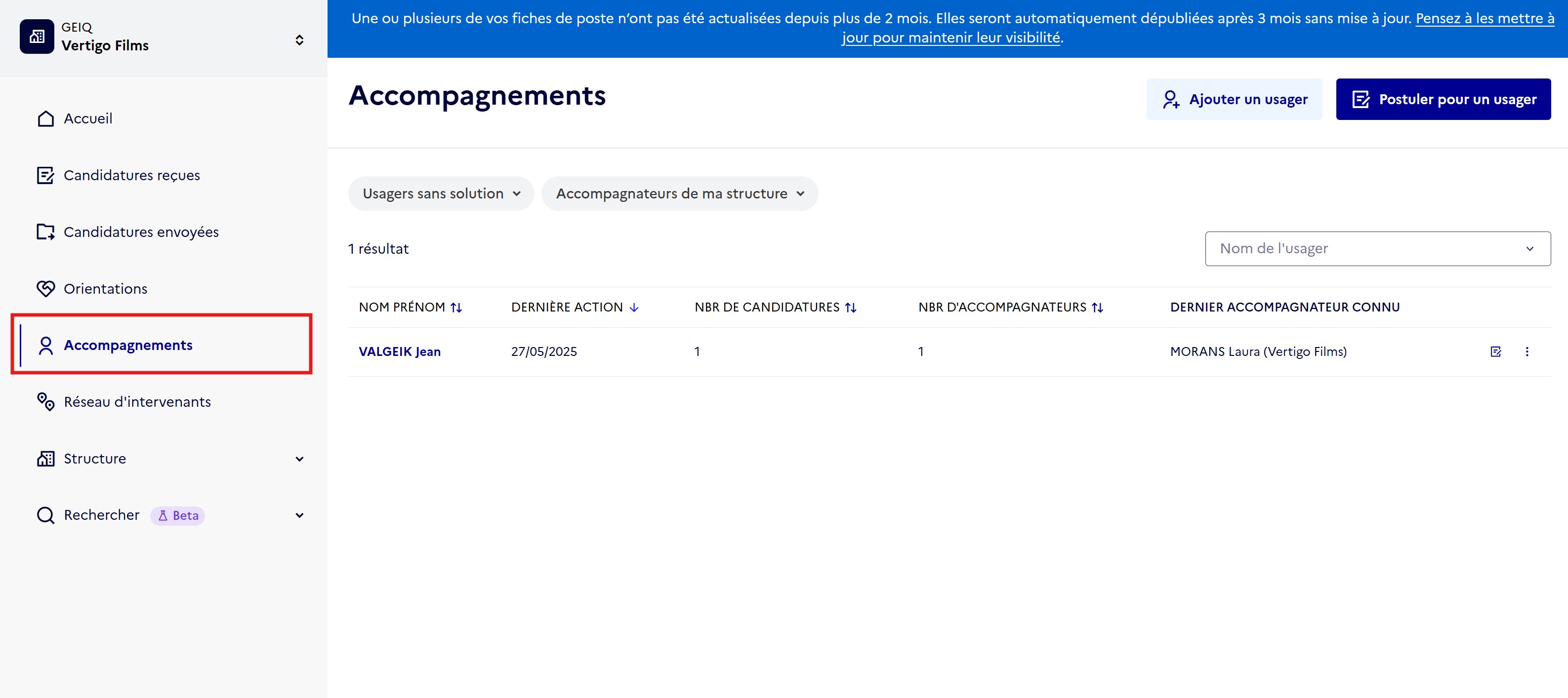 Capture d'écran de la page accompagnements