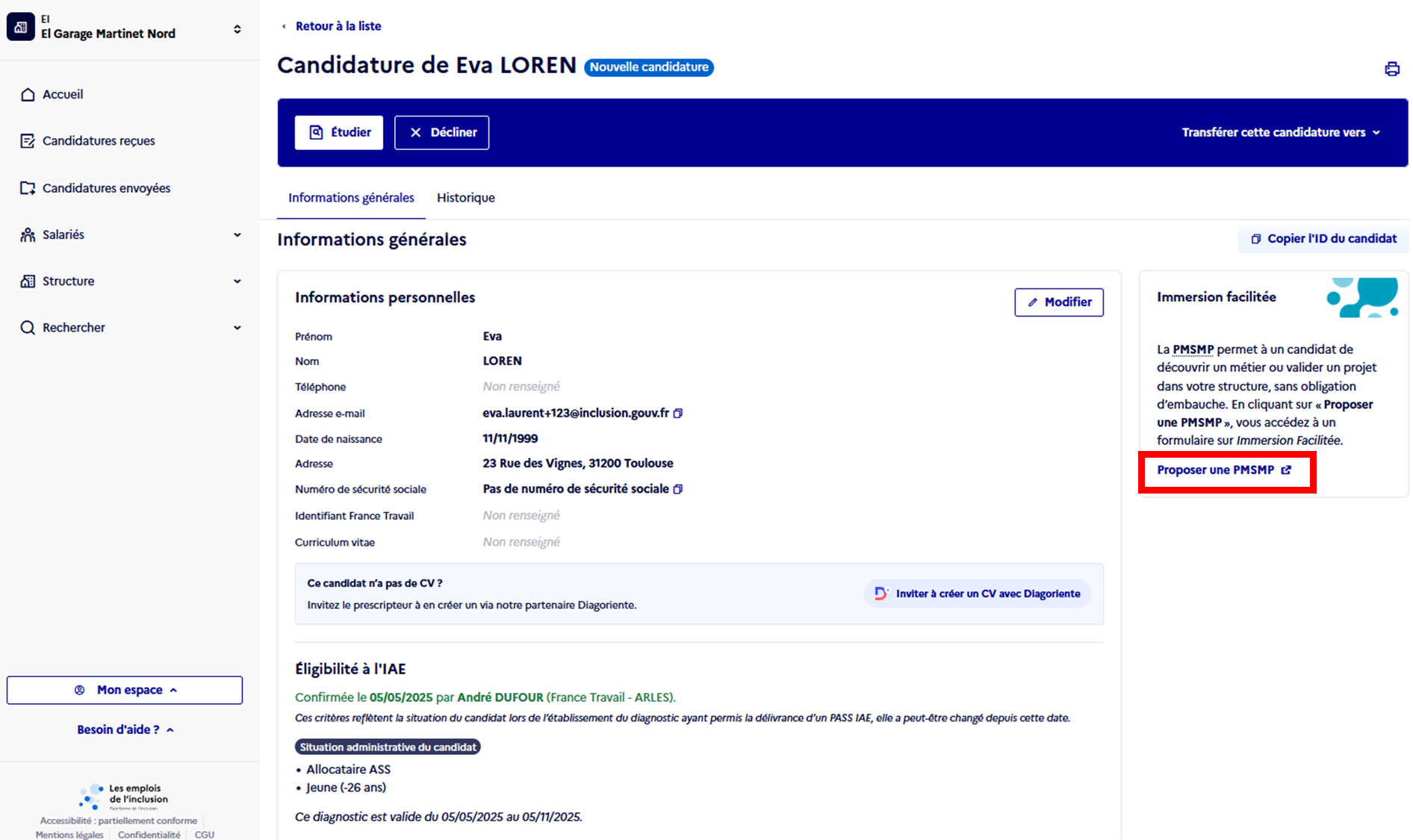 Capture d'écran d'une candidature avec la mise en avant du bouton "Proposer une PMSMP".