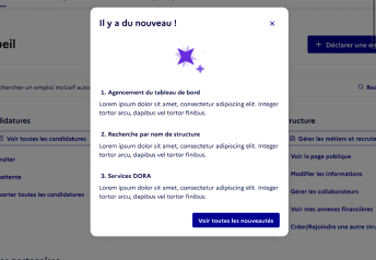 Capture d'écran d'une pop-up présentant les dernières nouveautés des Emplois de l'inclusion