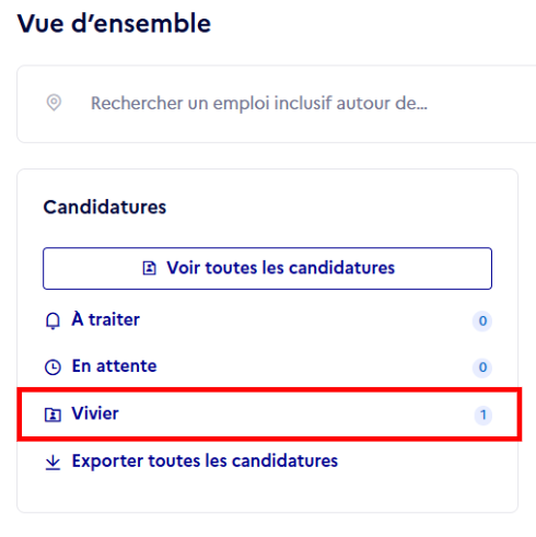 Capture d'écran de la page d'accueil de l'espace employeur : Le vivier de candidature est accessible depuis le bloc "Candidatures".