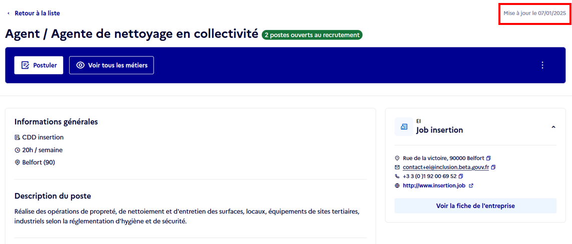 Capture d'écran indiquant l'emplacement de la date de mise à jour