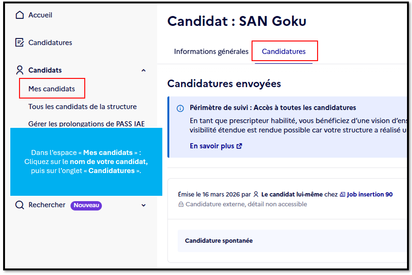 Dans l’espace « Mes candidats» :
Cliquez sur le nom de votre candidat puis sur l’onglet « Candidatures ».
