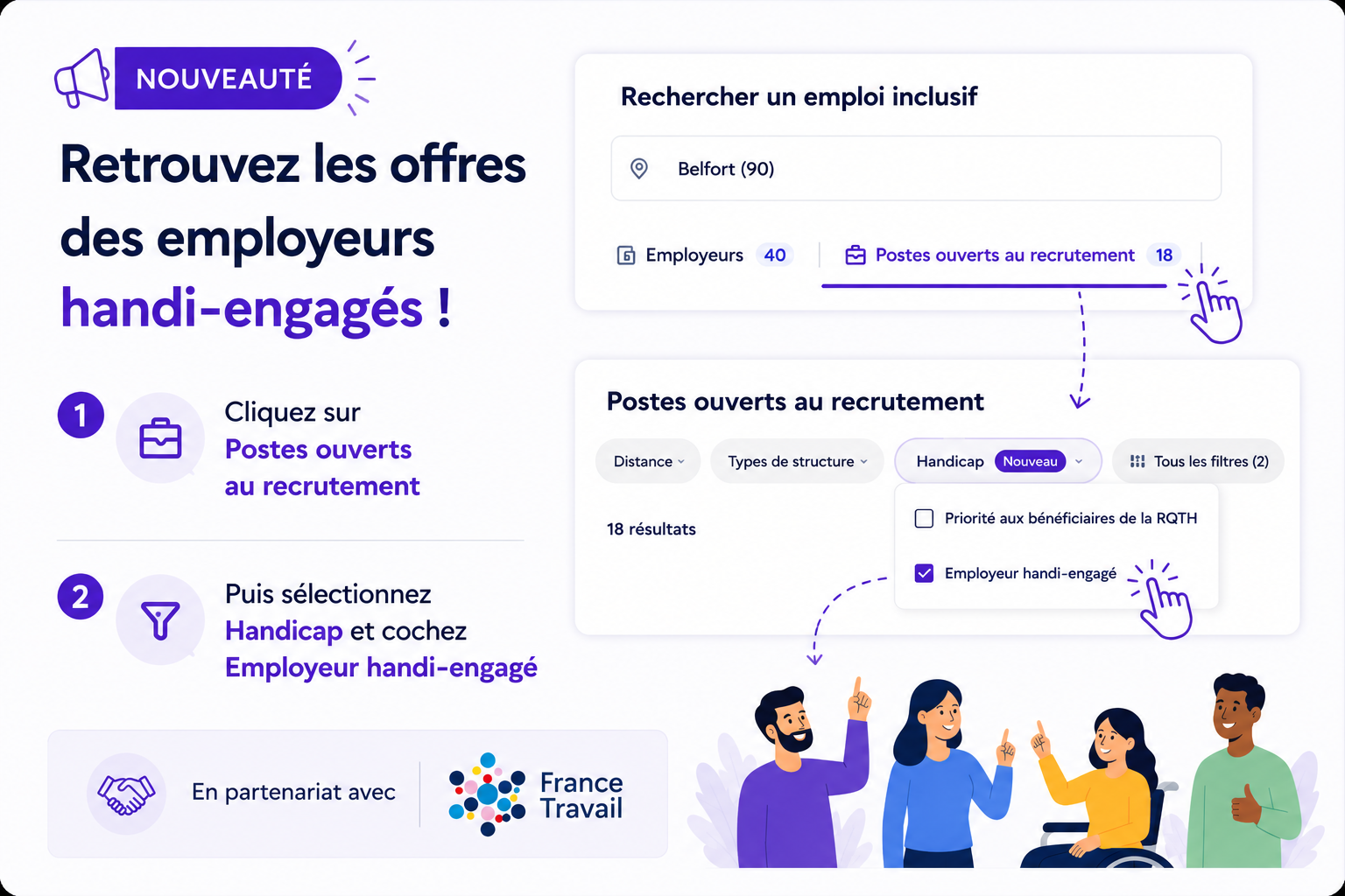recherchez d’abord une ville, puis cliquez sur « Postes ouverts au recrutement ». Sélectionnez ensuite « Handicap » et cochez « Employeur handi-engagé ».