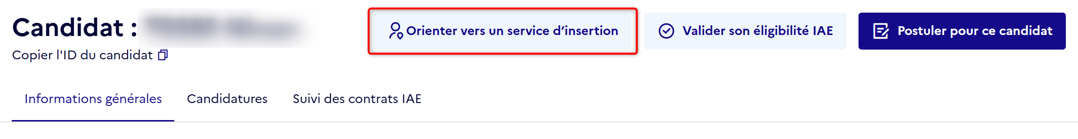 Nouveau bouton "Orienter vers un service d'insertion" sur la page de détails d'un candidat