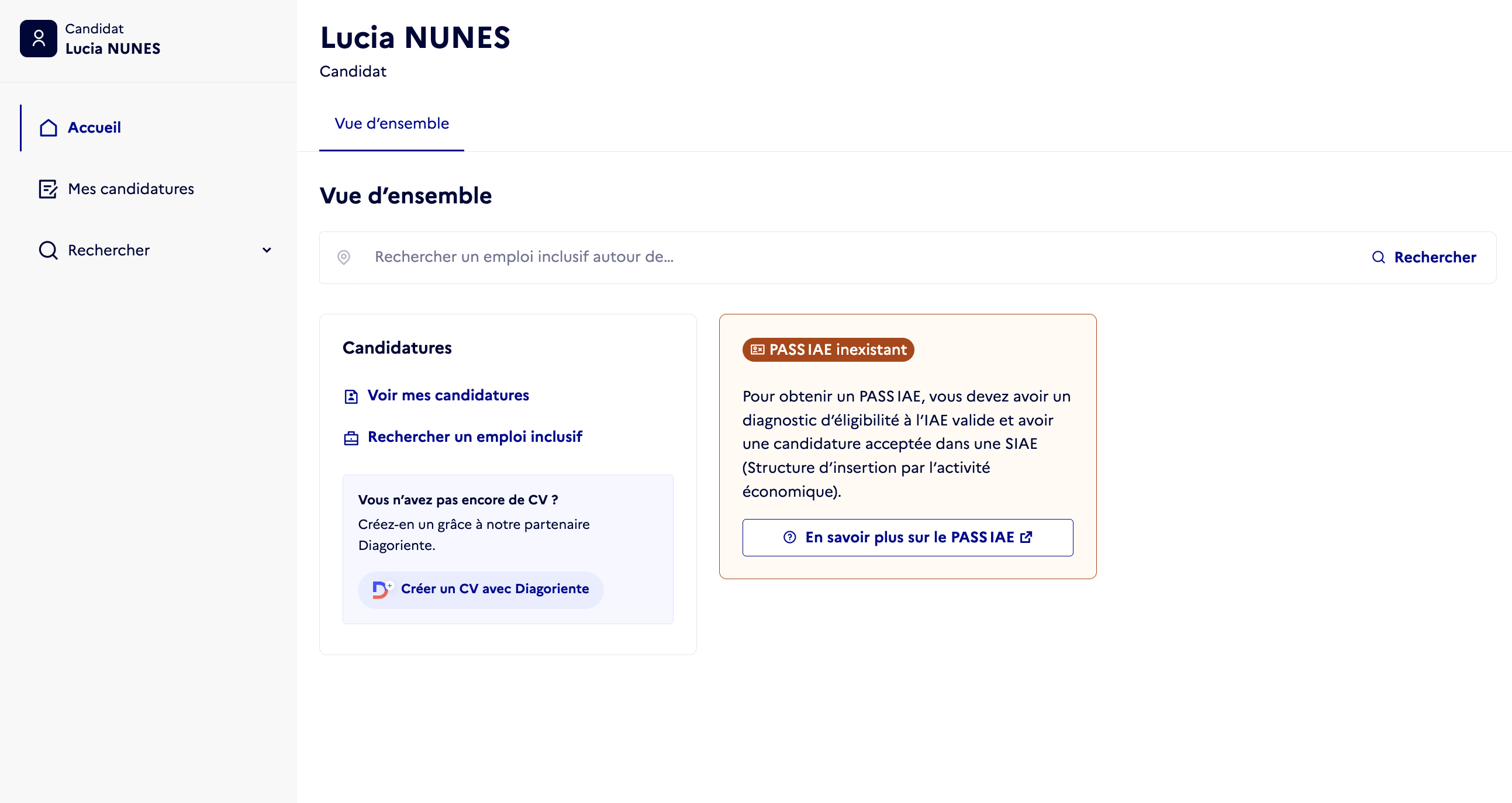 Capture d'écran de la page d'accueil avec un encart indiquant PASS IAE inexistant.