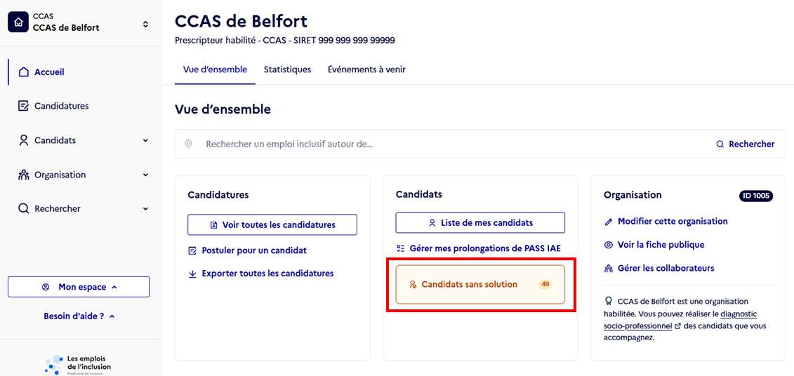 Capture d'écran indiquant l'emplacement de l'encart candidats sans solutions