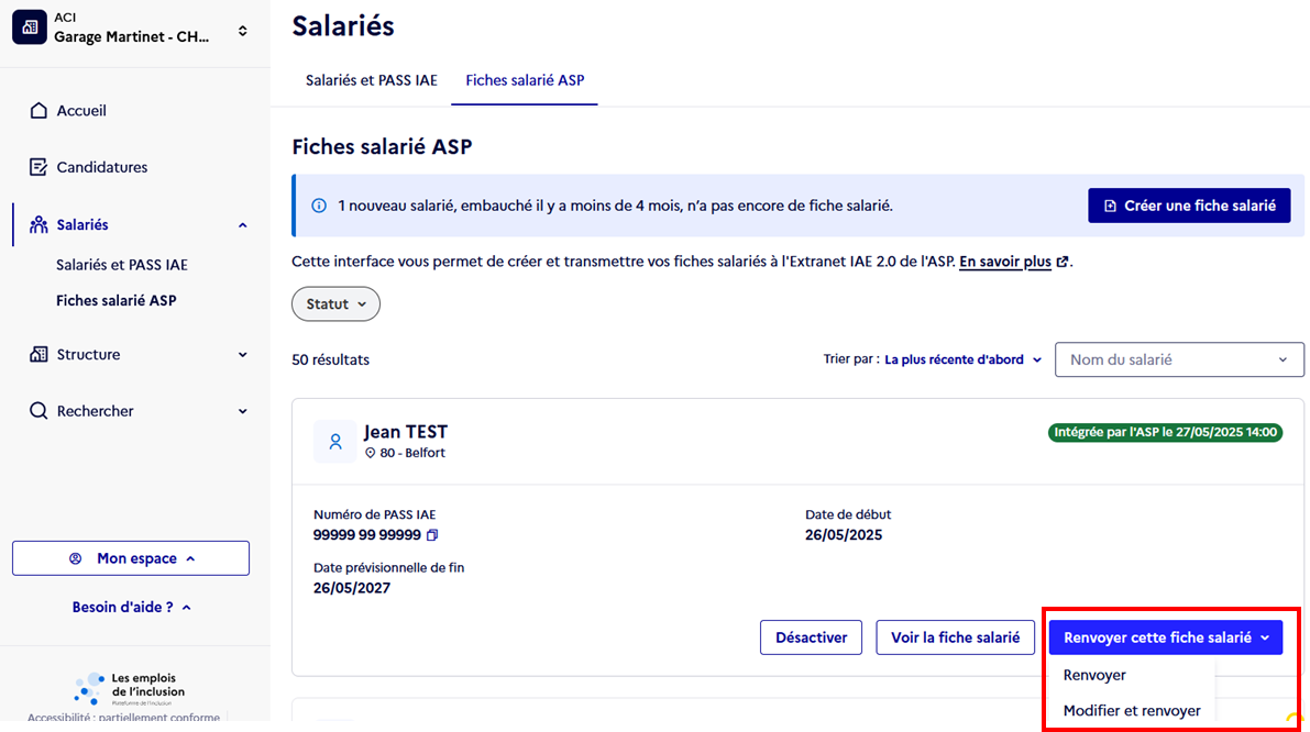 Capture d'écran de la page « Fiche salariés ASP » mettant en valeur le bouton « Renvoyer cette fiche salarié ».