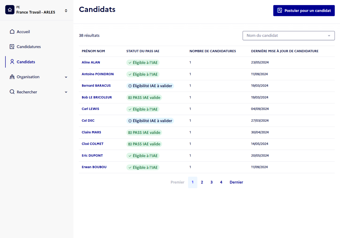 Capture d'écran de la liste des candidats