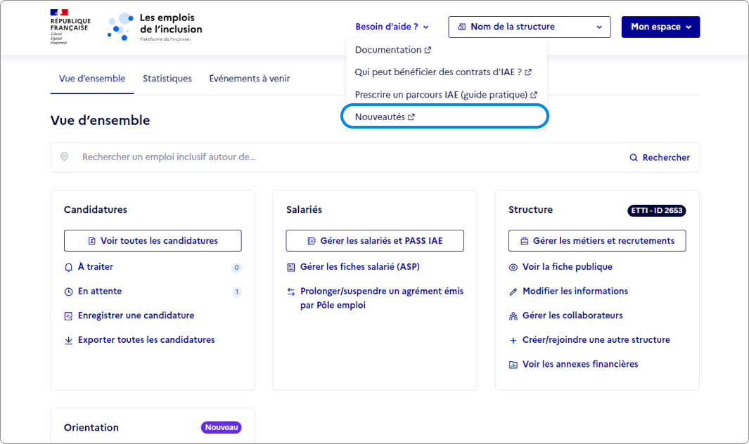 Capture d'écran de l'emplacement du bouton "nouveautés"