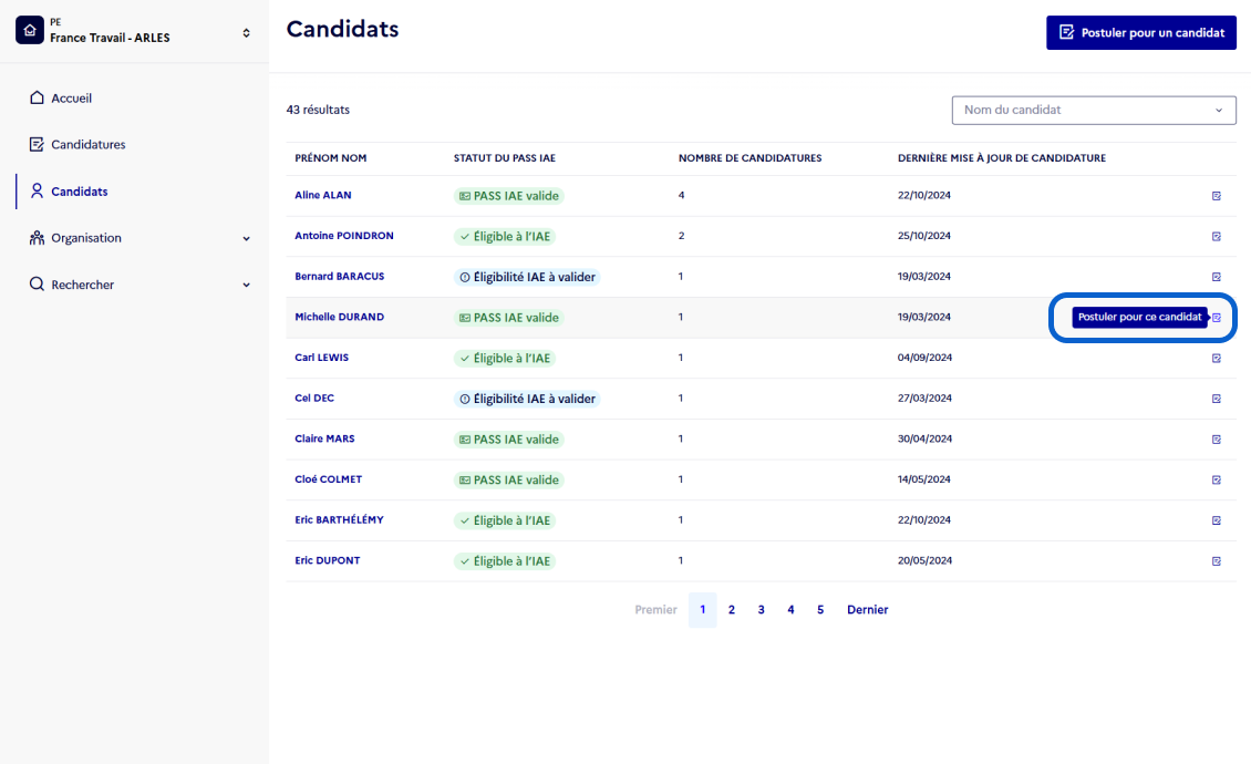 Capture d'écran liste des candidats