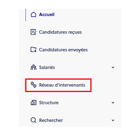 Un onglet "Réseau d'intervenants" est disponible dans le menu de gauche