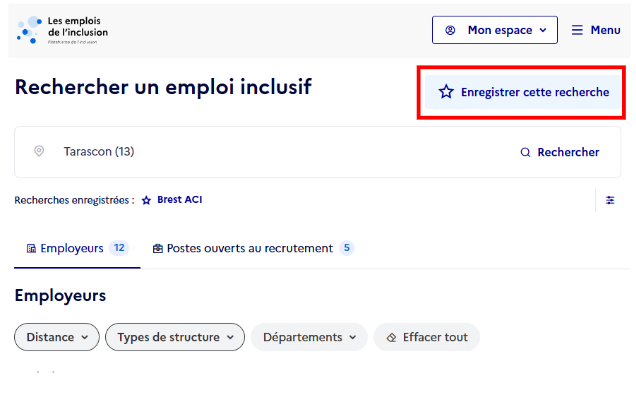 Le bouton "Enregistrer cette recherche" est disponible en haut à droite du moteur de recherche.