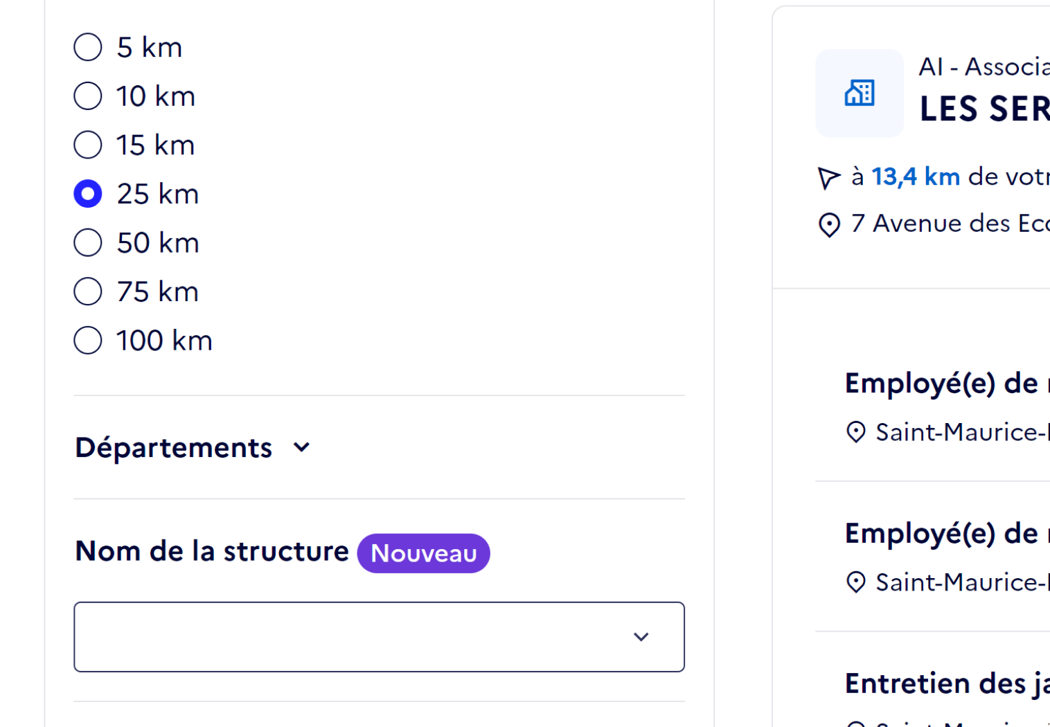 Capture d'écran du filtre par nom de structure