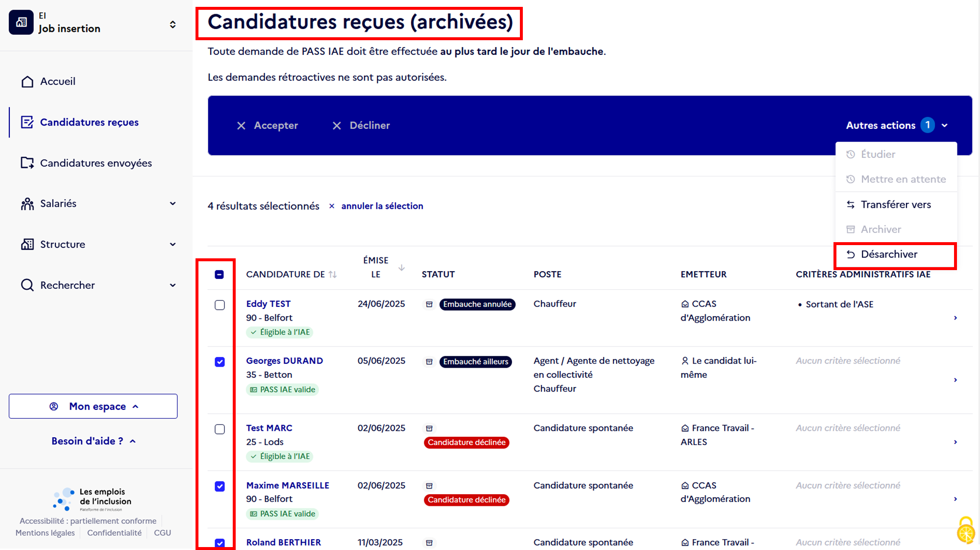 Capture d'écran de la page "Candidatures reçues" mettant en valeur :
- la sélection d'une candidature,
- le bouton "Autres actions" avec l'action "Désarchiver" présente dans la liste de choix