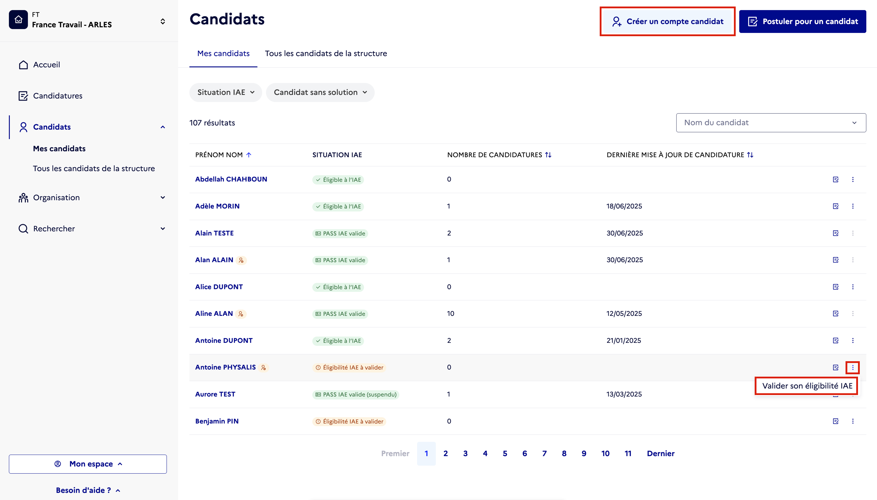 Capture d'écran de l'espace de gesstion des candidats. Mise en avant des boutons "créer un compte candidat" et "valider son l'éligibilité IAE"