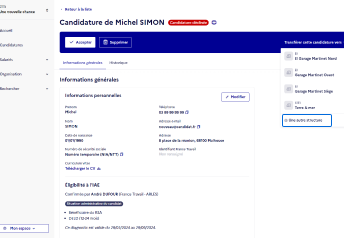 Capture d'écran de la fonctionnalité "Transférer la candidature vers une autre structure"