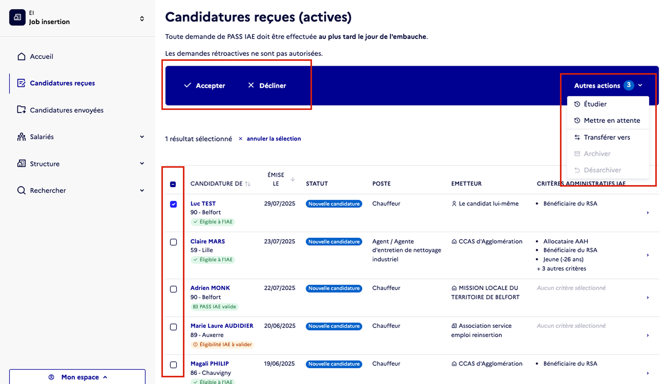 Capture d'écran de la page "Candidatures reçues" mettant en valeur :
- la sélection d'une candidature,
- les boutons "Accepter" et "Décliner" situés à gauche dans la barre d'actions
- le bouton "Autres actions" avec les différents choix disponibles