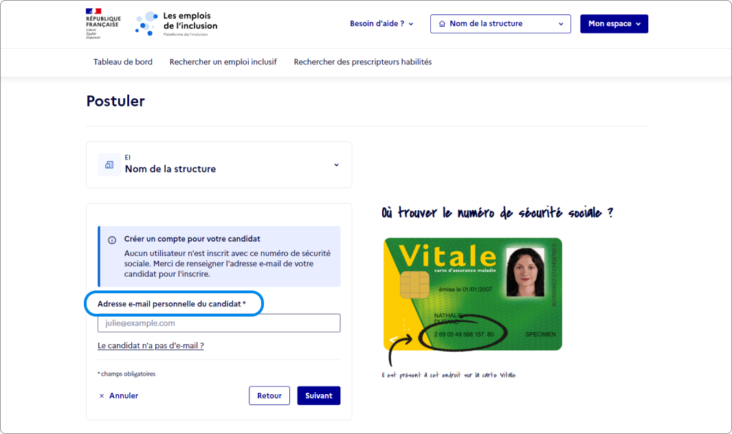 Capture d'écran du parcours de création de compte candidat