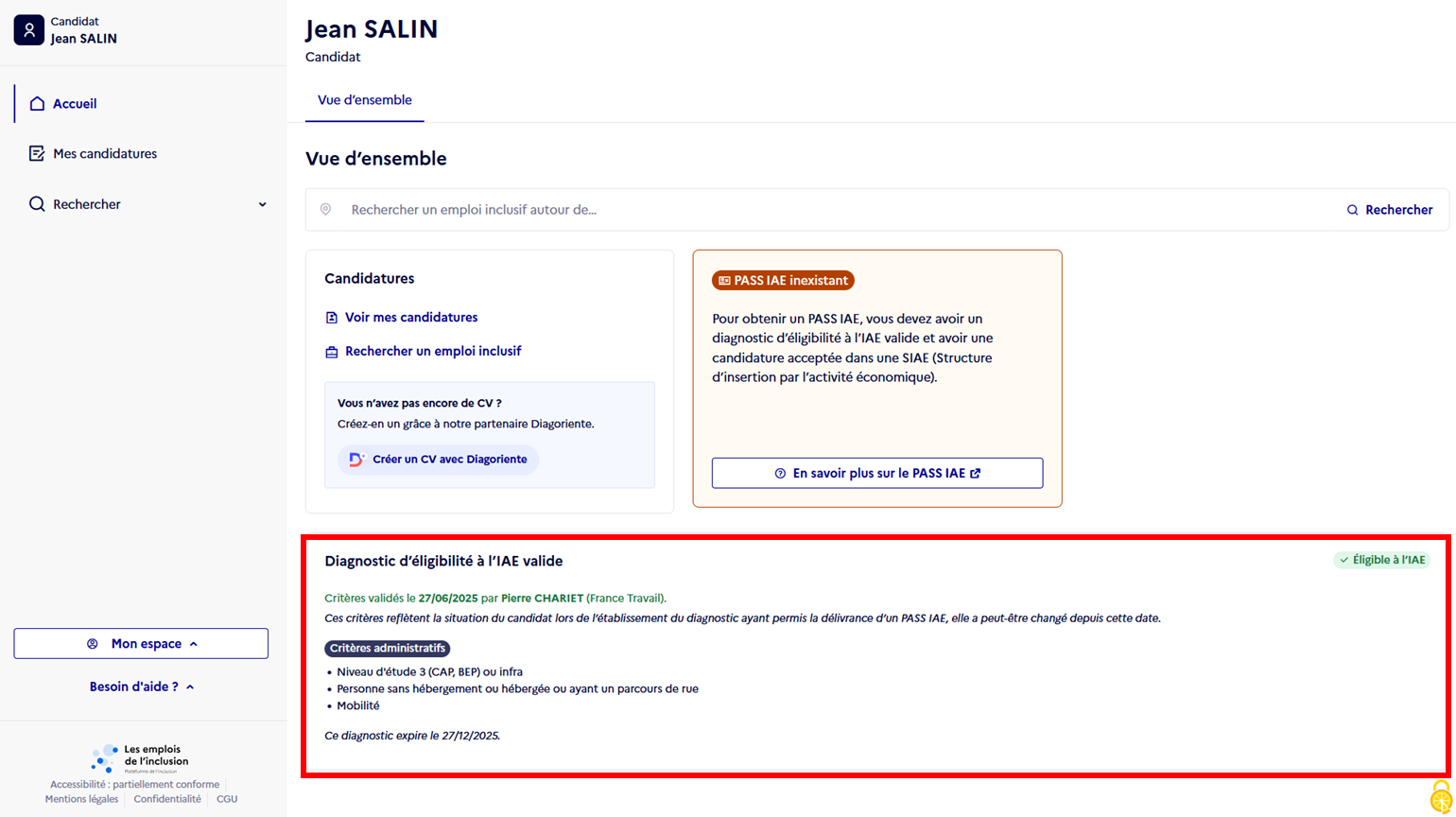 Capture d'écran de la page d'accueil du candidat avec mise en avant de l'encart affichant le statut de son diagnostic d'éligibilité.